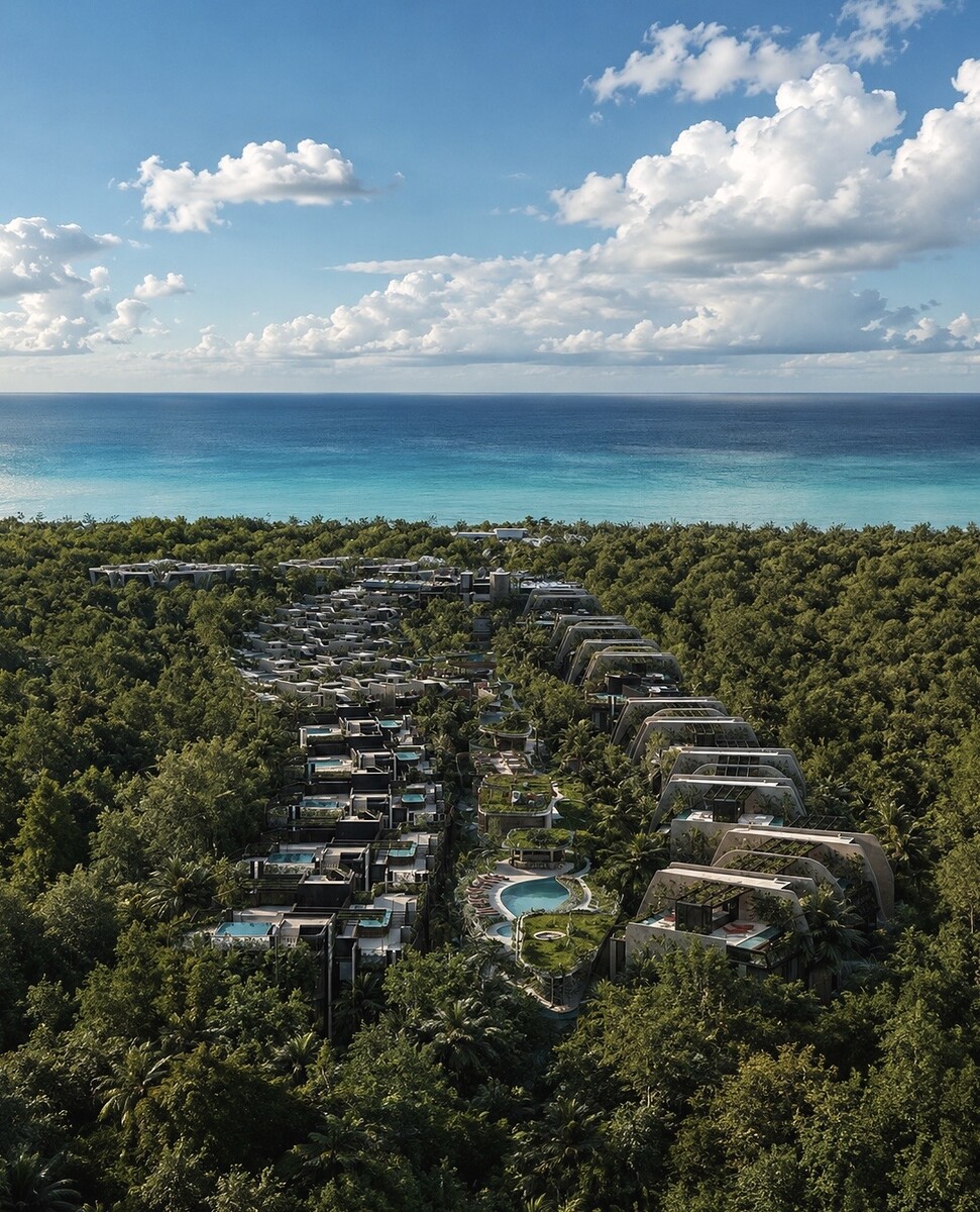 Aerial view of Faena Tulum by the sea
