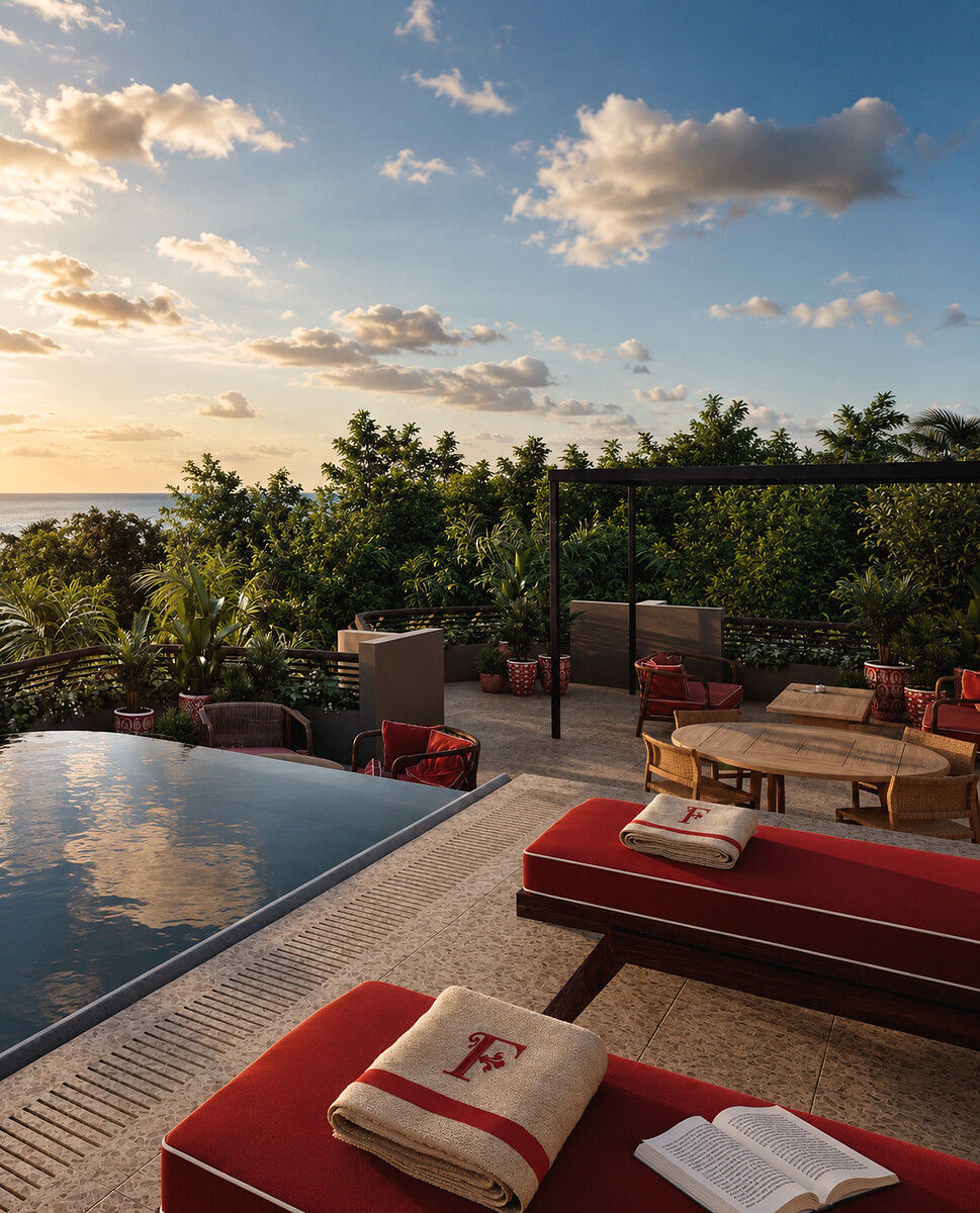 Rooftop pool terrace at golden hour