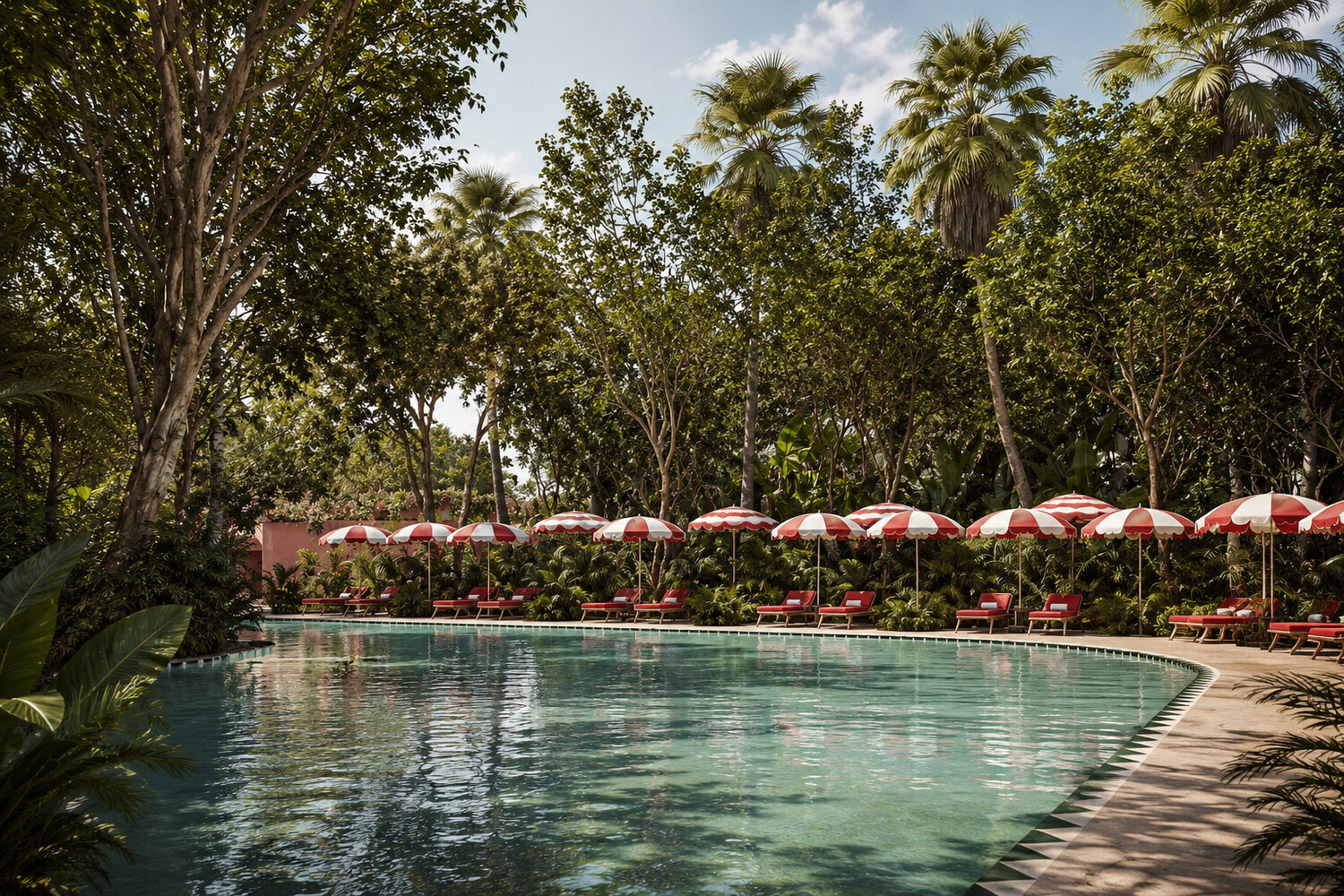 Faena amenity pool with the signature red-and-white striped umbrellas