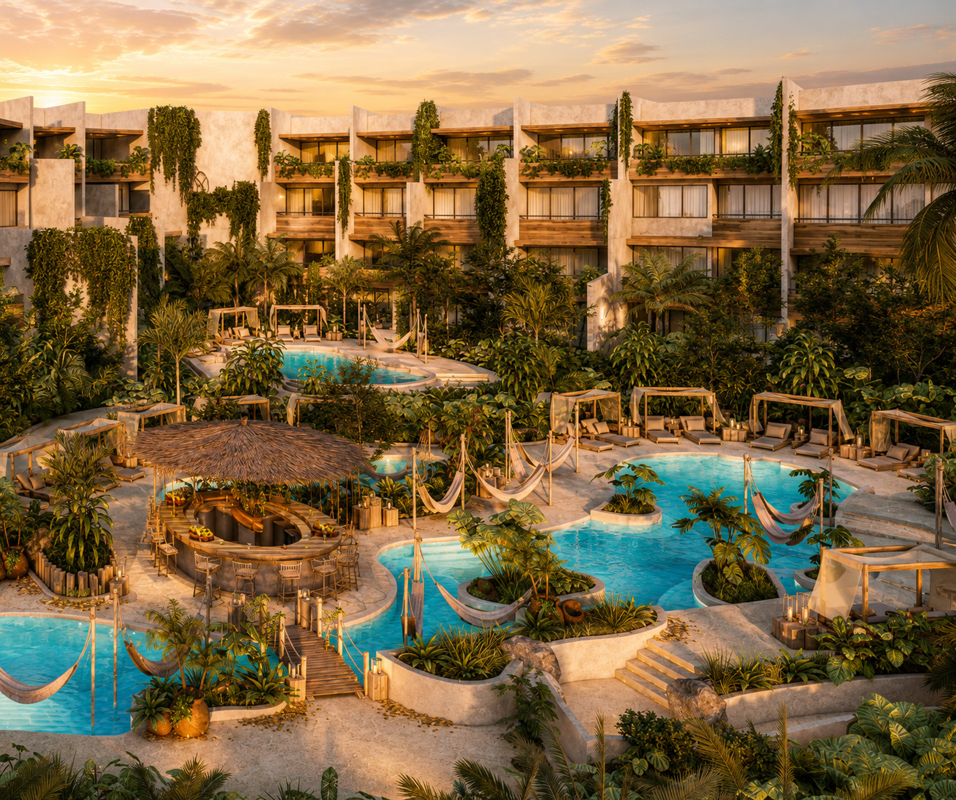 Mayaliah MGallery — residences and pool from above at golden hour