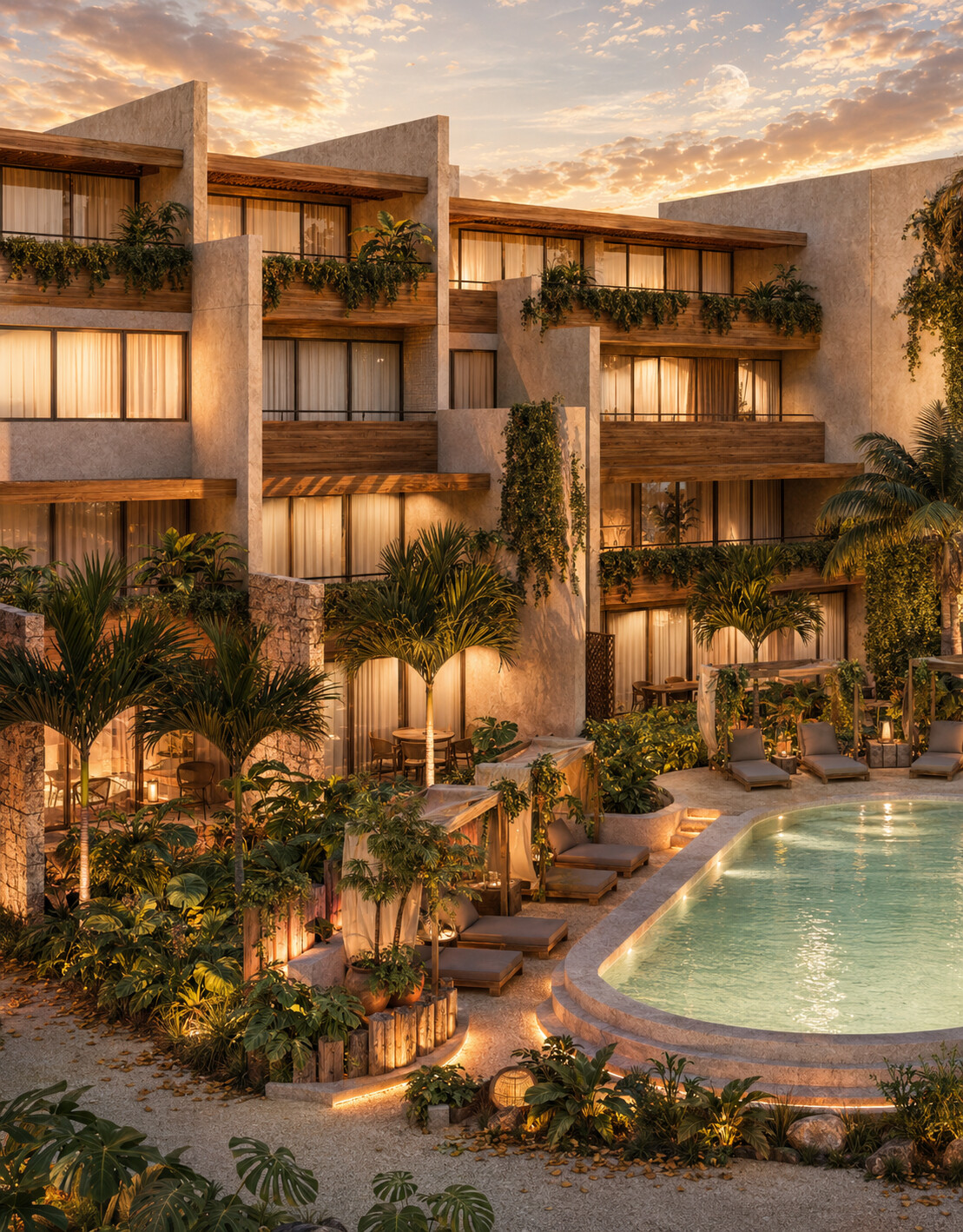 MGallery residences with a pool and tropical terraces at golden hour