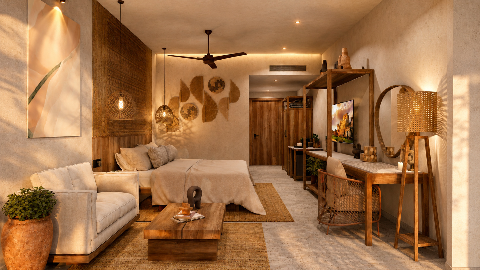 MGallery residence bedroom with woven wall art
