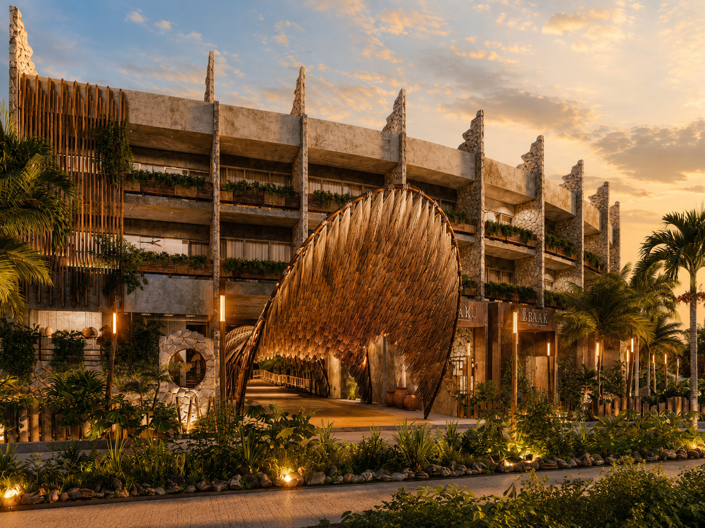 MGallery architecture amid tropical gardens at dusk